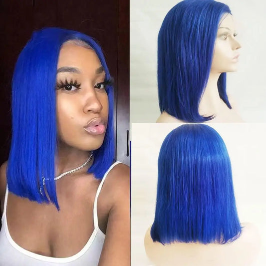 200Density Blue Straight Lace Front Wigs Human Hair Short Bob Wigs 13x4 Transparent Lace Bob Wig Human Hair 100% For Women