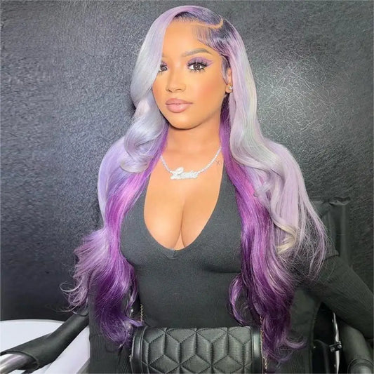 13X4 Lace Front Wig Ombre Purple With Silver Grey Body Wave Glueless Wig Human Hair 613 Lace Frontal Human Hair Wigs
