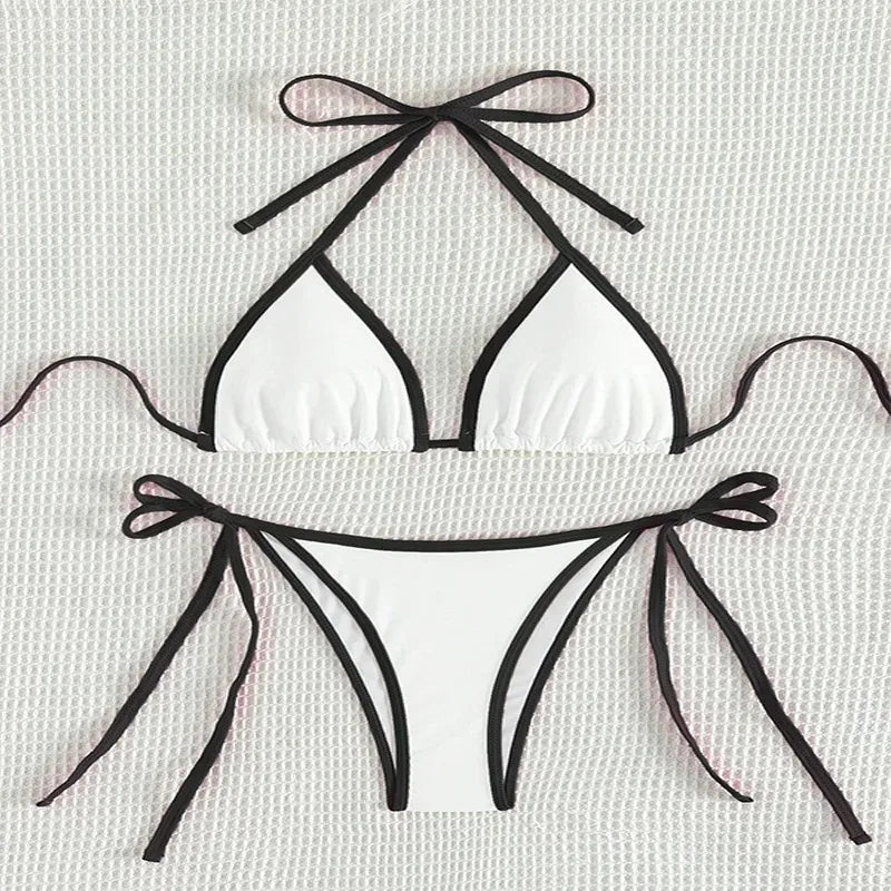 Contrast Color Patchwork Bikinis Bathing Suit Women Sexy Lace Up Triangle Thong Micro Bikini 2025 New Swimwear Biquini Beachwear