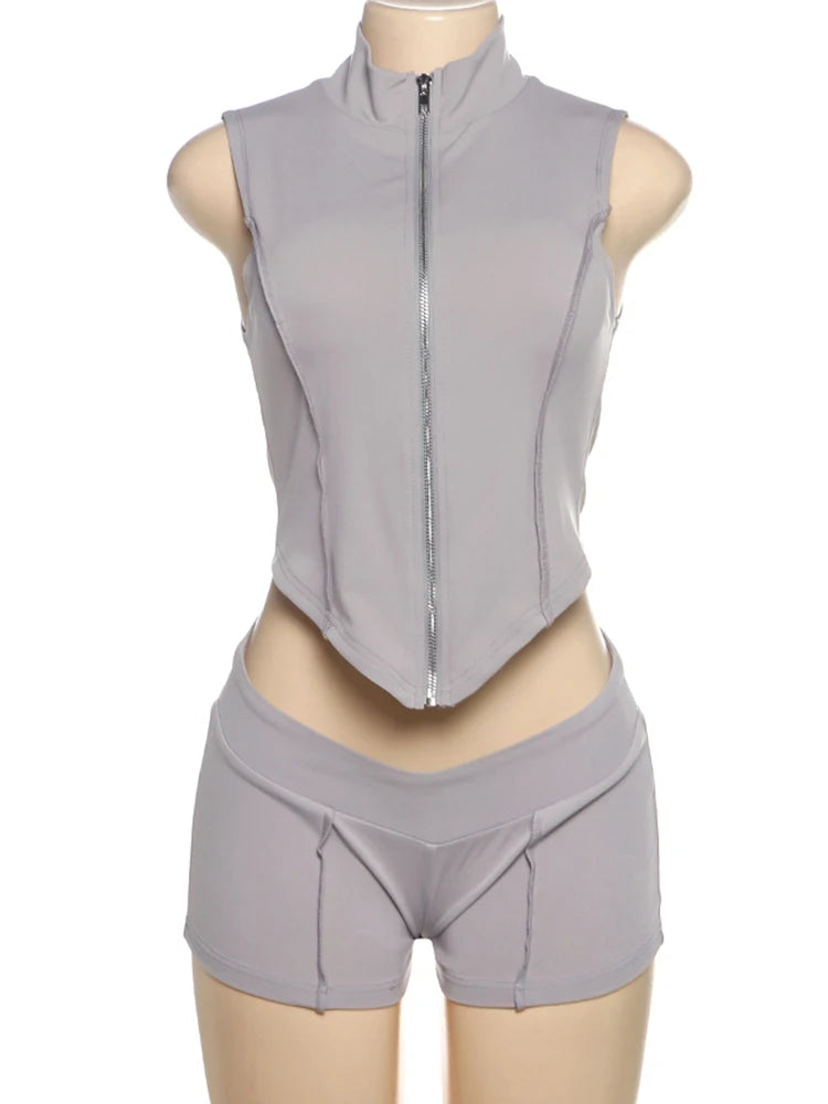 Weird Puss Casual Tracksuit 2 Piece Set Women Irregular Tank Tops+Peach Hip Zip Shorts Daily Simple Skinny Sporty Streetweas