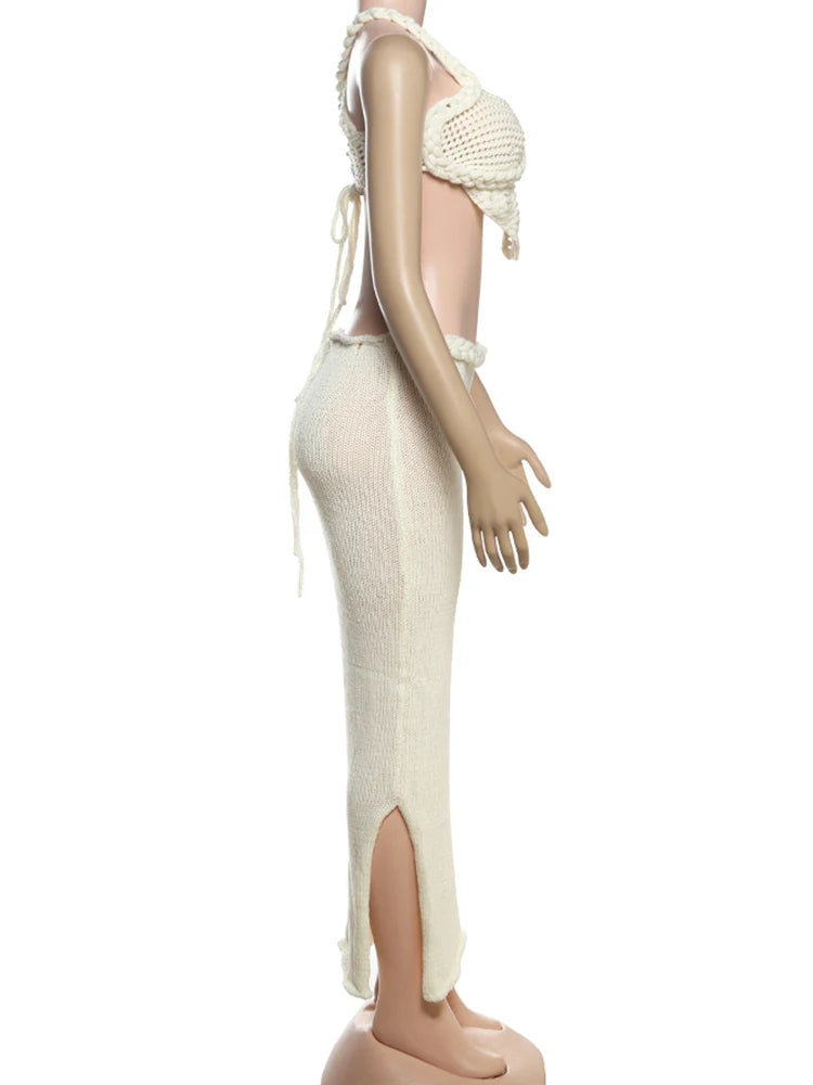 Weird Puss Crochet Shirring 2 Piece Set Women Cross Bandage Backless Irregular Tops+Solid Long Skirts Vacation Beach Style Suits