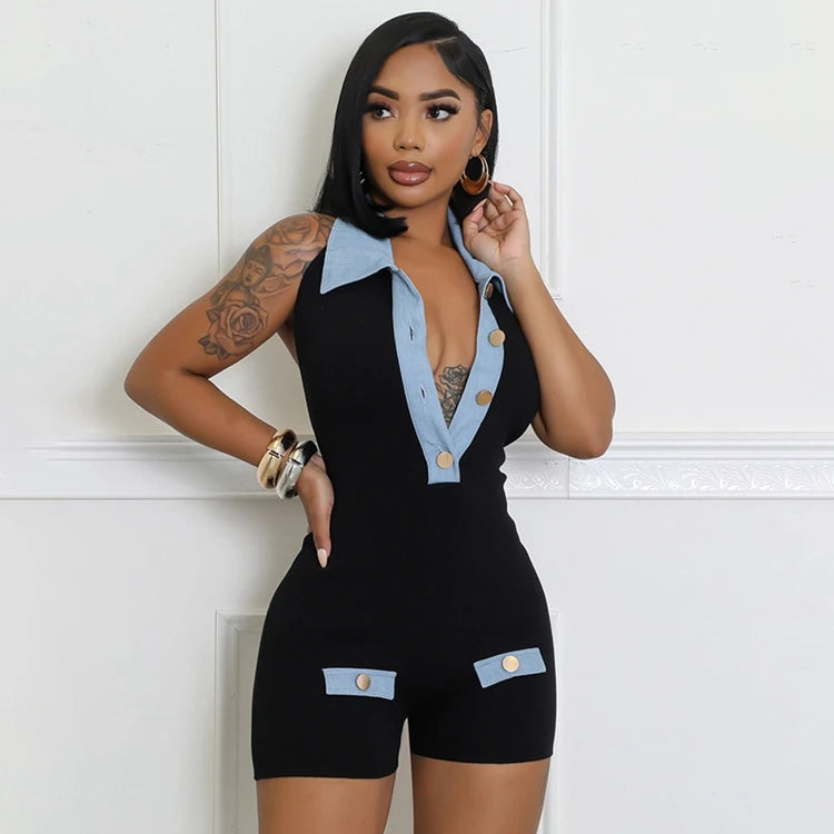 STYLISH LADY Contrast Color Playsuits 2025 Summer Women Turn Down Collar Backless Bodycon Sexy Club Party Street Rompers