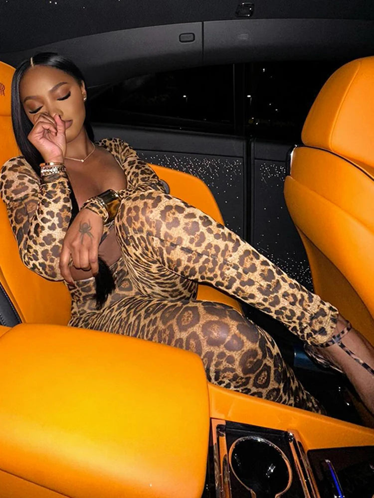 Weird Puss Leopard Print Jumpsuit Women Wild Hollow Low-Neck Sexy Skinny Full Sleeve Peach Hip Midnight Party Overalls Clubwear