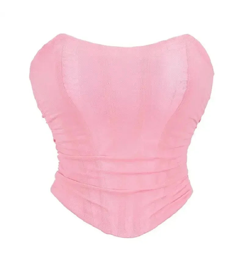 Pink Women Corset Sexy Overbust Bustier Crop Top Lace-Up Plastic Boned Corsets and Bustiers Body Shaper Short Torso Kорсет