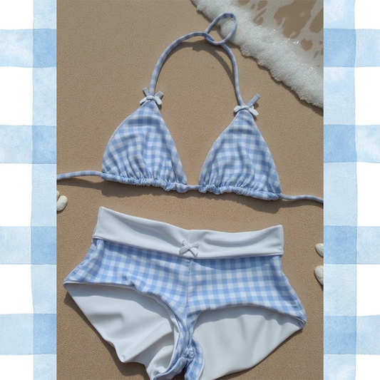 Blue Plaid Lace-up Bow Decorate Kawaii Bikini Sets Halter Striped Bra Underwears Y2k Swimsuits Lolita Bathing Suit Girls