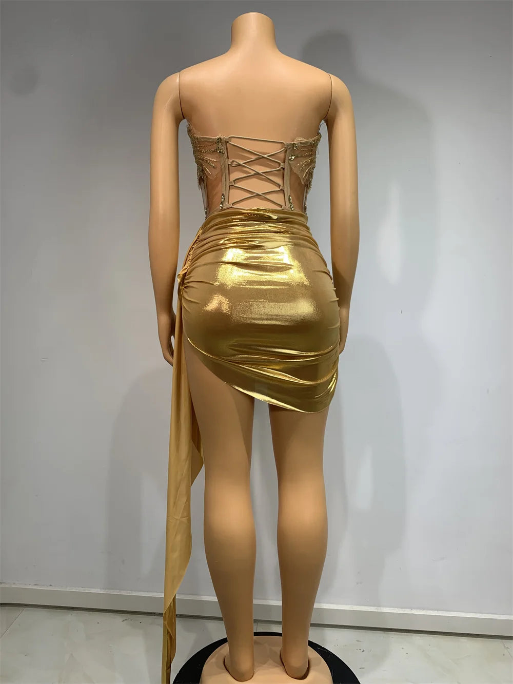 Women Glitter dress Sets, Sexy Strapless Sequins Rhinestone Luxury Gold Dress Design 2024 Stage Show Outfit