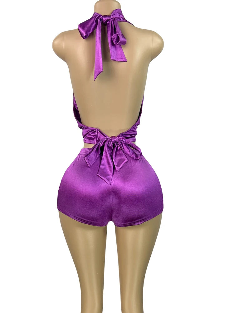 Kricesseen Luxury Golden Stain Birthday Outfits, 2 piece Halter Neck Backless Crop Top And Matching Shorts Set Festival Outfits