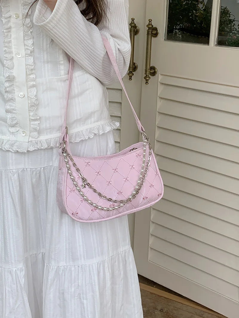 Pink Shoulder Bag Elegant Cute Bow Pearl Chains Bow Embroidery Handbag Casual Leather Korean Fashion Female Handbag