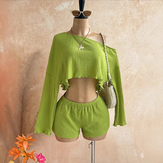 Two Piece Set Women Outfit 2026 Spring Summer New Slanted Collar Long Sleeve Crop Top & High Waist Casual Vacation Shorts Set