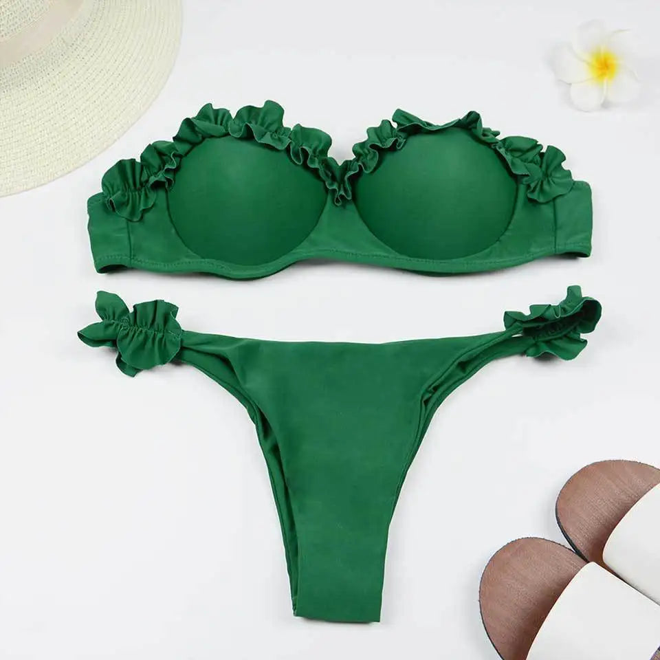 Solid Bikini Set Women Swimsuit Chic Ruffles Micro Bikini Split Bathing Suit Summer 2025 New Beach Spice Girl Swimwear