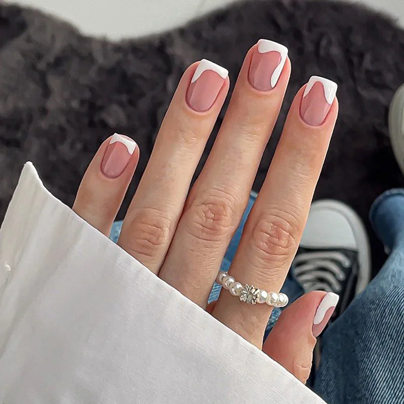 White French Press on Nails 3D Bowknot Fake Nails Tips Full Cover Wearable False Nails for Women and Girls DIY 24Pcs