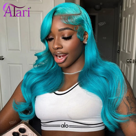 13x6 Lace Front Sapphire Blue Human Hair Body Wave Wigs Light Blue Transparent 13x4 Lace Frontal 613 Colored Wig Pre Plucked