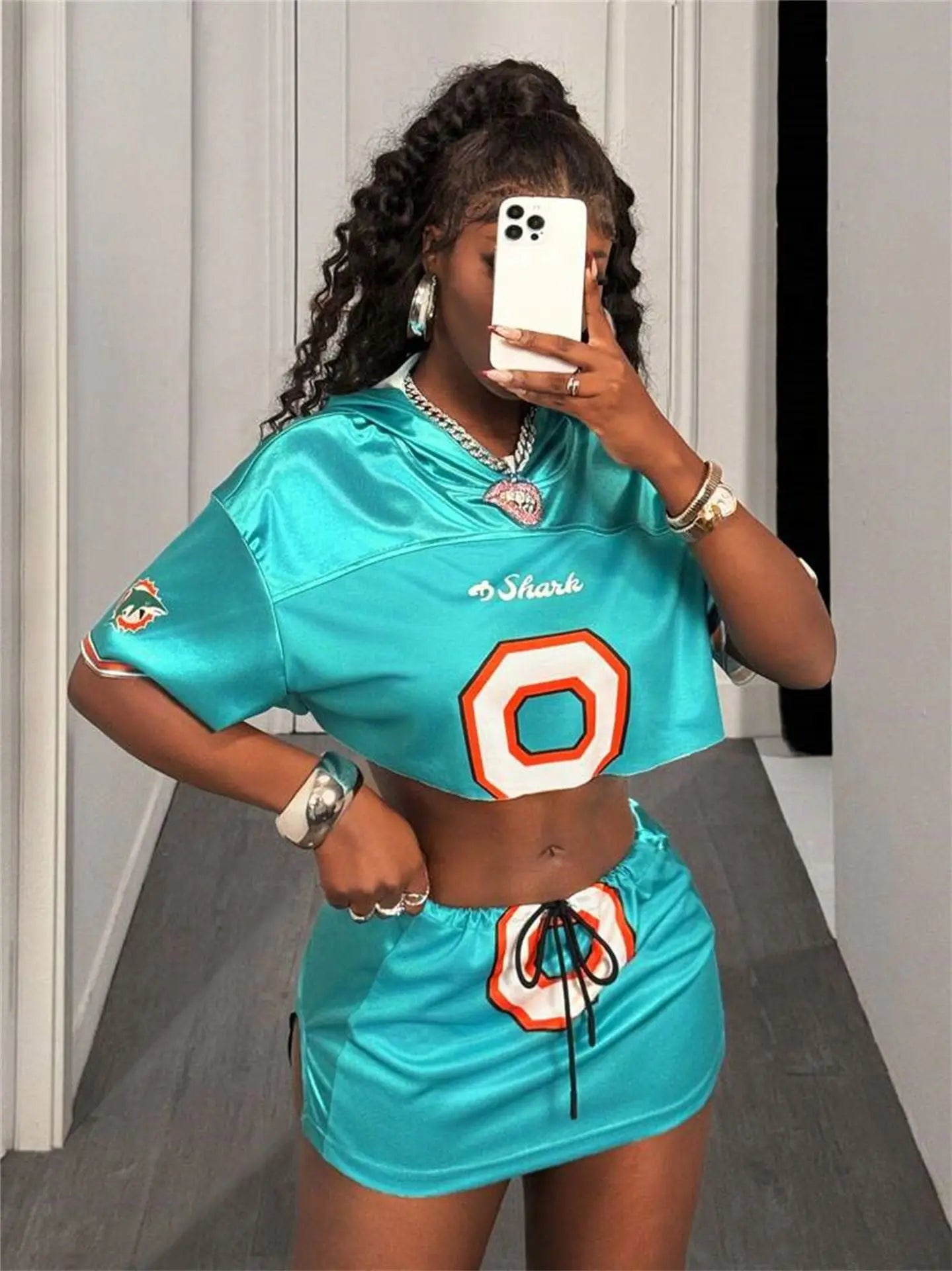 HLJ&GG Fashion Trend Y2K Letter Print Two Piece Sets Women Round Neck Short Sleeve Crop Top And Mini Skirts Outfits Streetwear