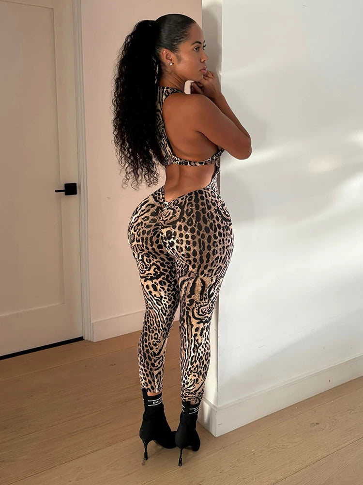 Weird Puss Leopard Print Jumpsuit Women Coquette Summer Trend Midnight Club Activity Sleeveless Fitness Stretch Workout Overalls
