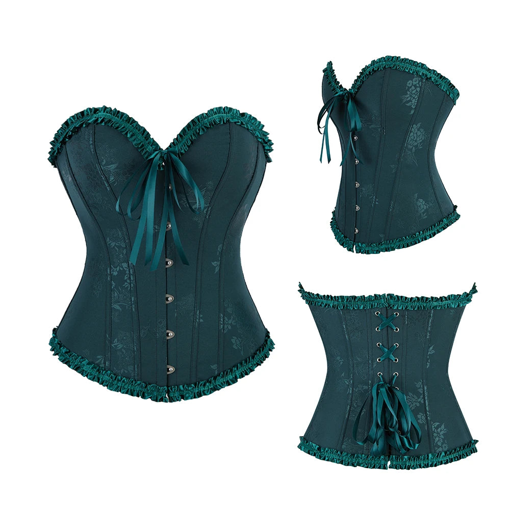 Women Floral Overbust Corset Waist Bustier Top Black White Red Blue Korset Shaper