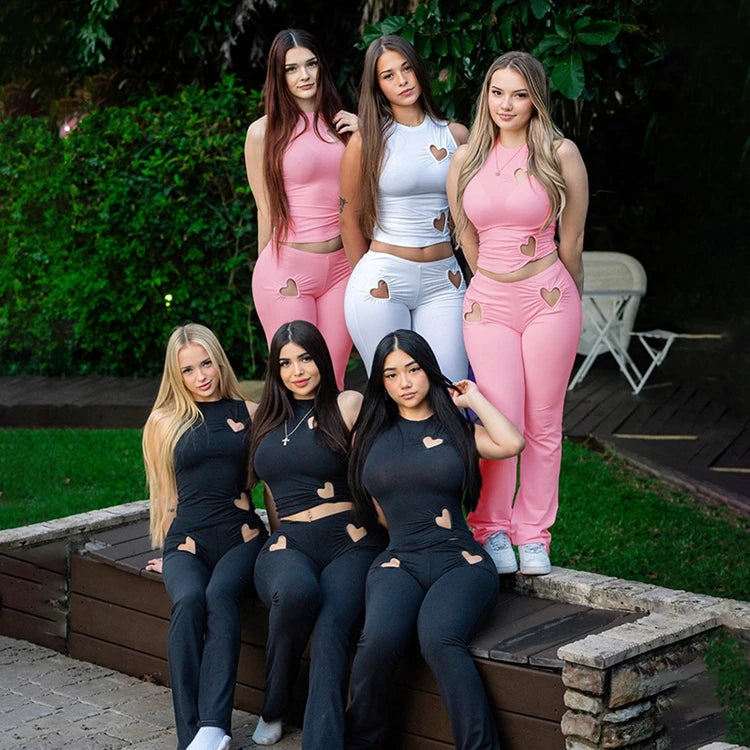 STYLISH LADY Cut Out Heart Fitness 2 Piece Set Women Sleeveless Crop Top and Skinny Pant Suits 2025 Summer Hot Girl Tracksuits
