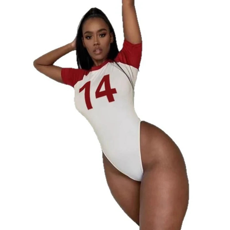 STYLISH LADY Number 14 Printed Bodysuits 2025 Summer Women Short Sleeve O Neck Patchwork Contrast Color Sexy Club Street Rompers