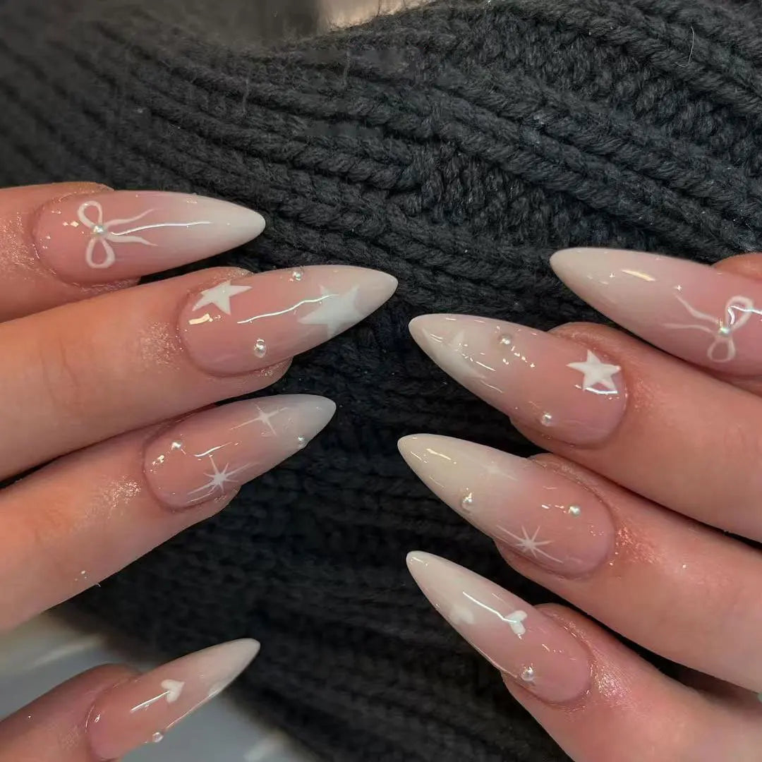 White French Press on Nails 3D Bowknot Fake Nails Tips Full Cover Wearable False Nails for Women and Girls DIY 24Pcs