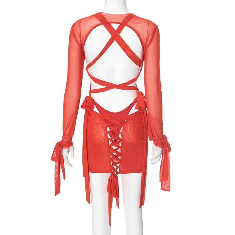 Weird Puss Irregular Backless 2 Piece Set Woman Bandgae Sexy Bodysuits+Mesh See Through Dress Vacation Beach Party Trend Outfits