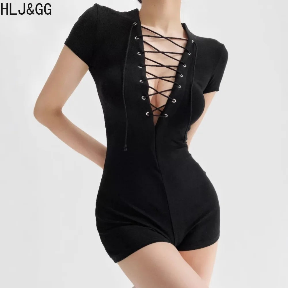 HLJ&GG Sexy Hollow Out Bandage Bodycon One Piece Rompers Women V Neck Short Sleeve Slim Jumpsuits Fashion Overalls Streetwear