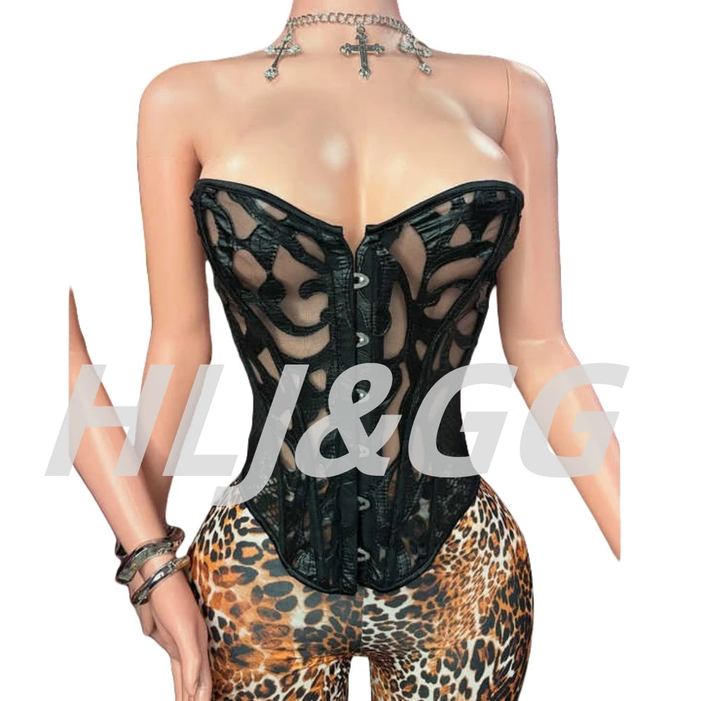 HLJ&GG Black Sexy Bandage Corse Two Piece Sets Women Sleeveless Backless Slim Top And Leopard Shorts Outfits Fashion Streetwear