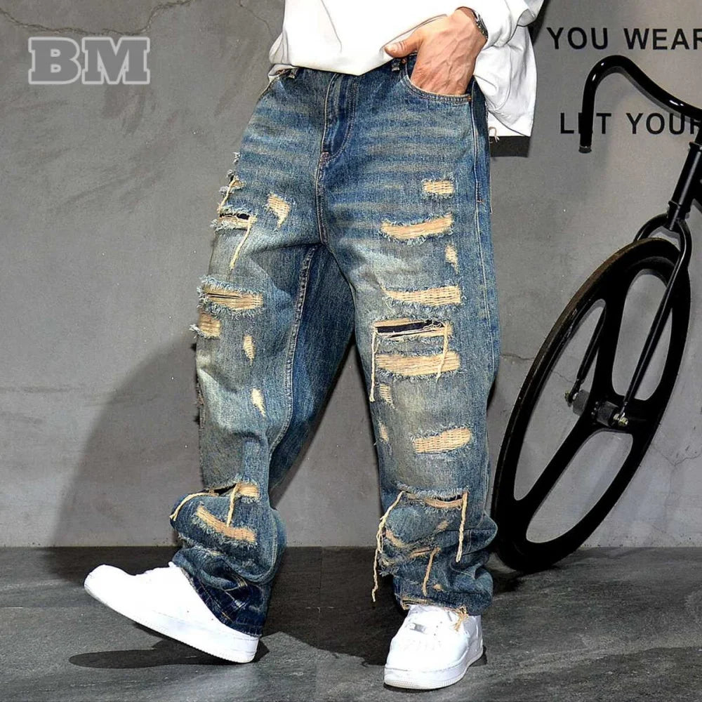 Ripped Baggy Jeans Distressed Denim Streetwear Skateboard Pants Straight Leg Patchwork Oversized Urban Fashion Workwear, men's jeans