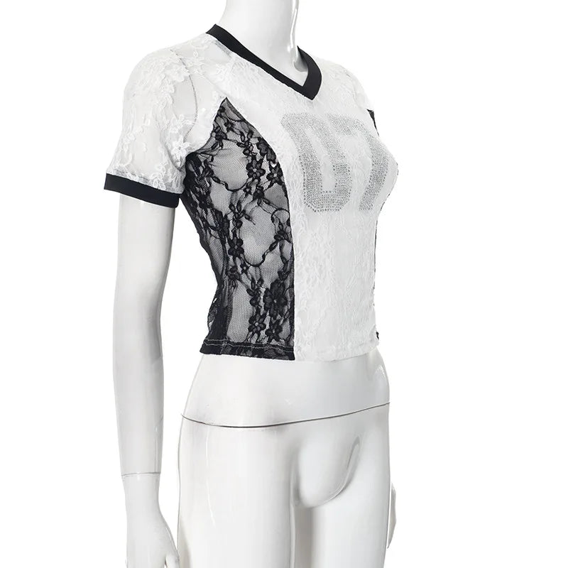 Weird Puss Mesh Patchwork 2 Piece Set Women Rhinestones V-Neck Short Sleeve Crop Tops+Tierred Shorts Skirts Trend Contrast Suit