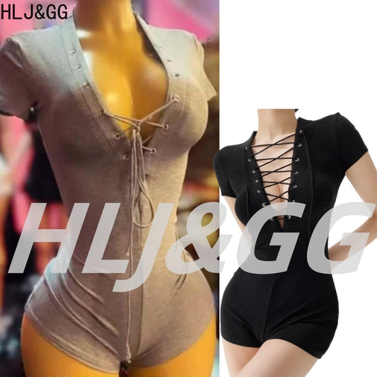 HLJ&GG Sexy Hollow Out Bandage Bodycon One Piece Rompers Women V Neck Short Sleeve Slim Jumpsuits Fashion Overalls Streetwear