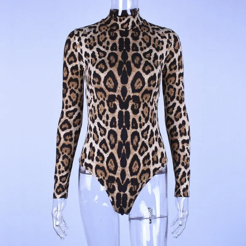 HLJ&GG Sexy Leopard Bodycon Bodysuits Women Turtleneck Long Sleeve Slim Romper Spring New Fashion One Piece Jumpsuit Clubwear