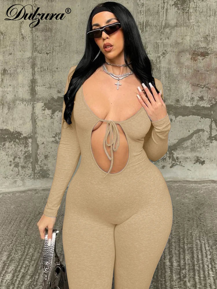 Dulzura Solid Pure Hole Hollow Out Straps Lace-Up Jumpsuit Long Sleeves 2023 Summer Autumn For Women Sexy Streetwear Wholesale