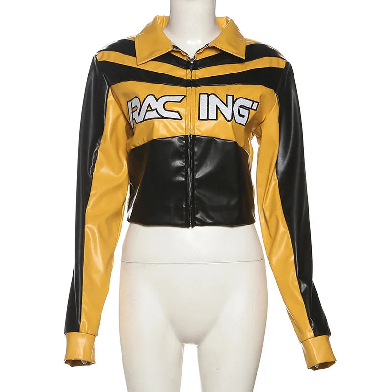 HLJ&GG Trendy Women's Outfits Women Leather Punk Letter Embroidery Crop Jacket And Button Shorts Two Piece Sets Y2K Streetwear
