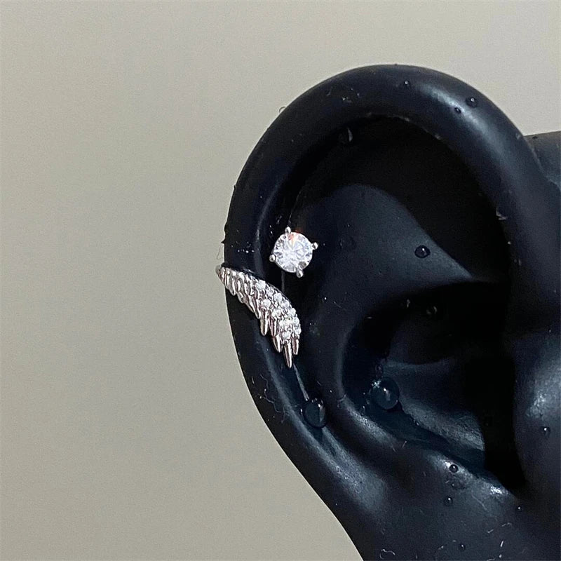1pcs Silver Color Wing 316L Stainless Steel Ear Bone Nail for Women New Fashion Full of Rhinestone Earrings Accessories for Ear