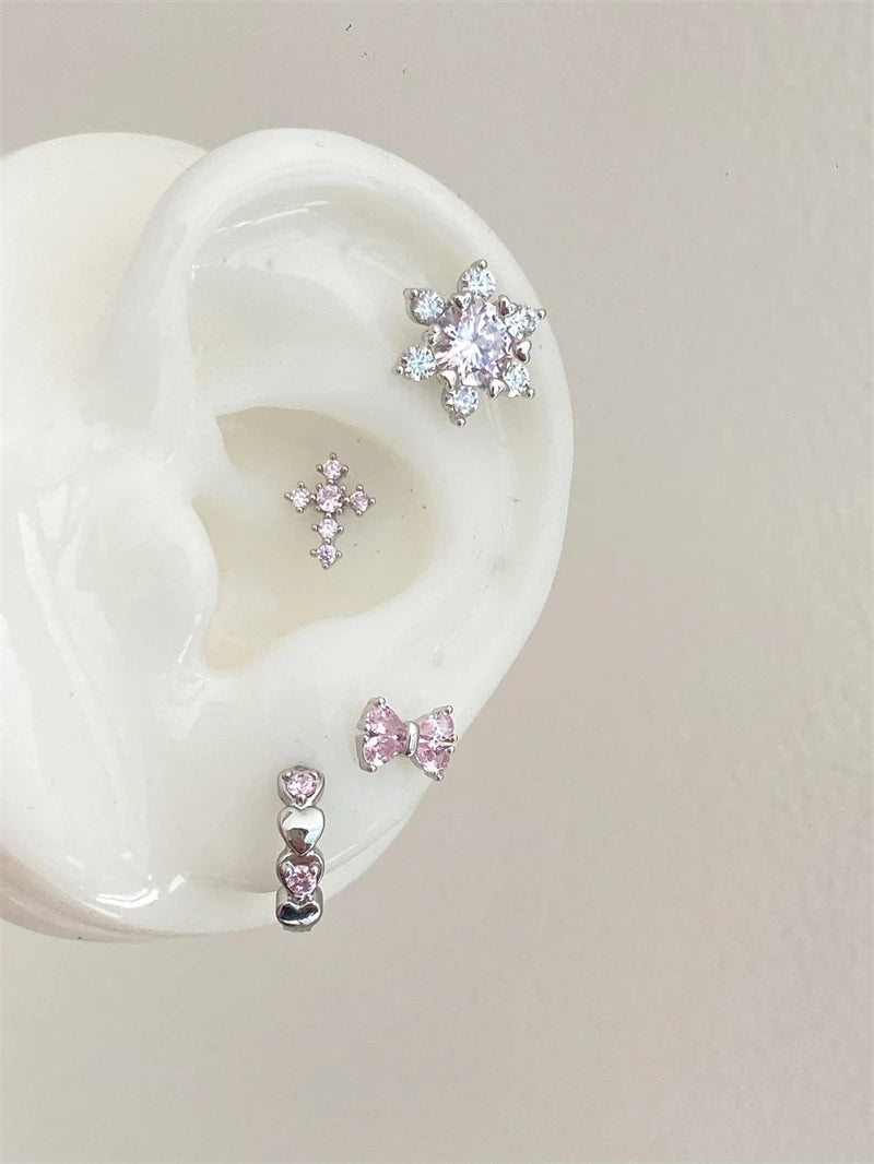 1 PCS New Fashion Cute Pink Zircon Crystal Ear Bone Nail 316L Medical Titanium Steel Earrings for Women Y2K Punk Jewelry