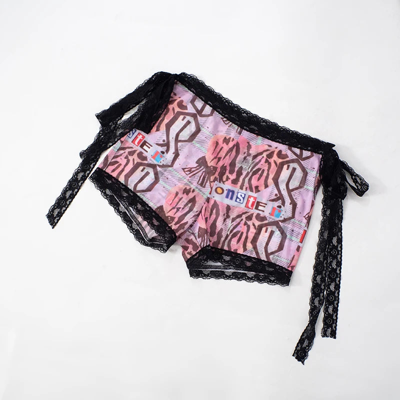 Weird Puss See Through Women 2 Piece Set Sexy Black-Edged Lace Sexy Full Sleeve Crop Tops+Shorts Matching Club Stretch Outfits