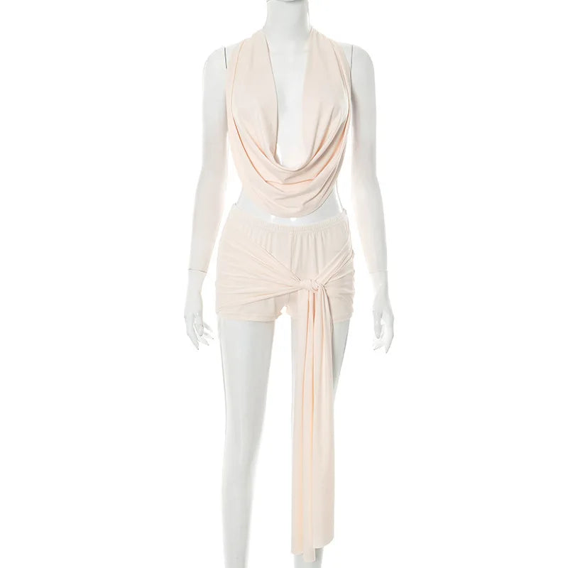 STYLISH LADY Nude Ribbon 2 Piece Set Women Halter Backless Crop Top and Shorts Suits 2025 Summer Sexy Club Hollow Out Outfits