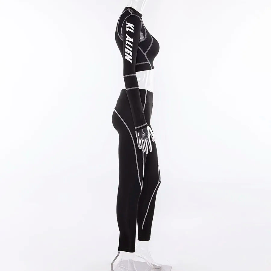Weird Puss Women Tracksuit Letter Print 2Piece Set Fitness Full Sleeve Crop Top Elastic Leggings Activewear Casual Slim Outfits