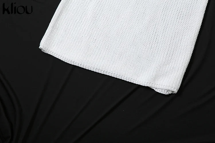 kliou Crochet Halter Dress Women See Through Bandage Sleeveless Backless Sheath Low Neck Vestidos Concise Solid Girls Streetwear