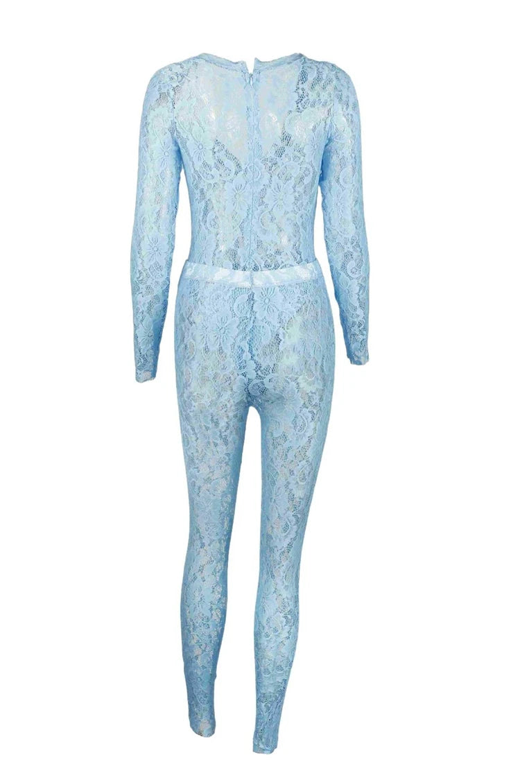 STYLISH LADY See Through Lace 2 Piece Set Women Long Sleeve Bodysuits and Skinny Pant Suits 2025 Summer Sexy Hollow Out Outfits
