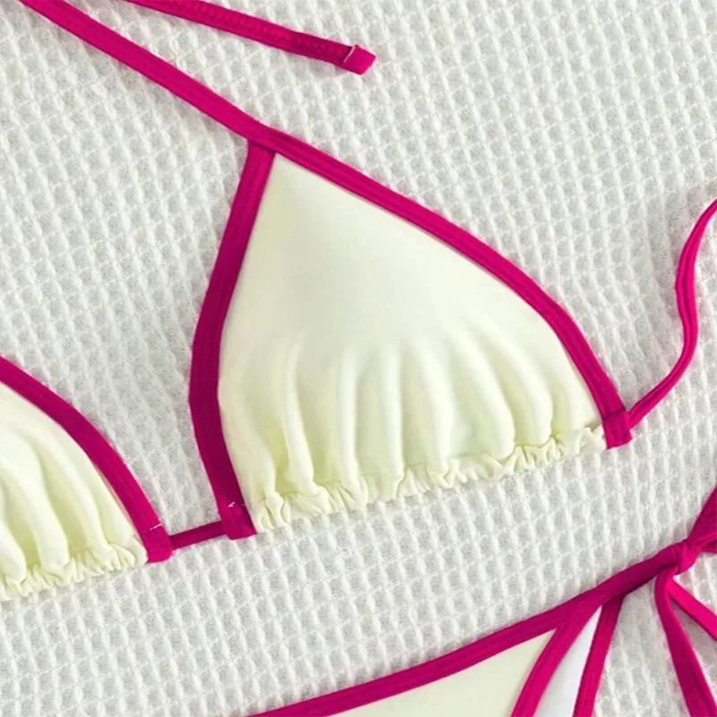 Contrast Color Patchwork Bikinis Bathing Suit Women Sexy Lace Up Triangle Thong Micro Bikini 2025 New Swimwear Biquini Beachwear