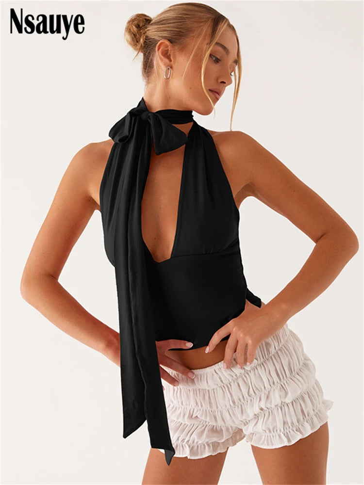 Nsauye Women Casual Clothes Halter Mini Skinny Low Cut Out Vest Tank Tops 2025 Summer Fashion Sexy Club Sleeveless Y2K Crop Tops