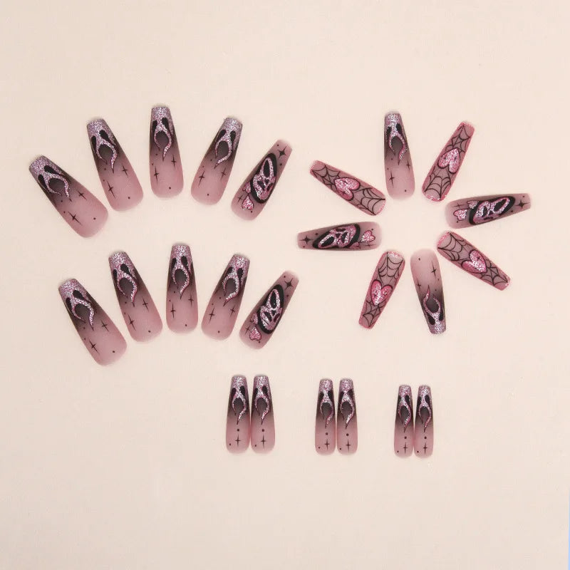 24pcs Glitter Pink Sequins Fake Nails 2025 Halloween Scary Skull Love Print False Nails Wearable European Ballet Press on Nails