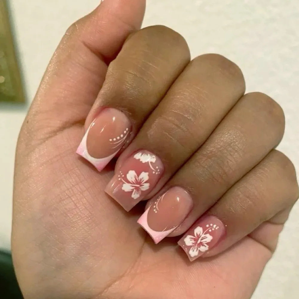 24Pcs Fairy White Flower Fake Nails Pink French Tip Press on Nails Short Square Wearable False Nail for Girls DIY