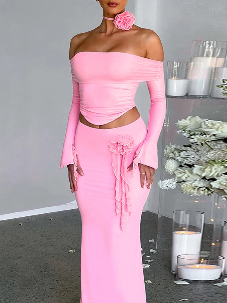Dulzura Matching Suit Neck Accessories 3D Flower Off Shoulder Long Trumpet Sleeves Crop Top Tassel Maxi Skirt 2024 Autumn Women