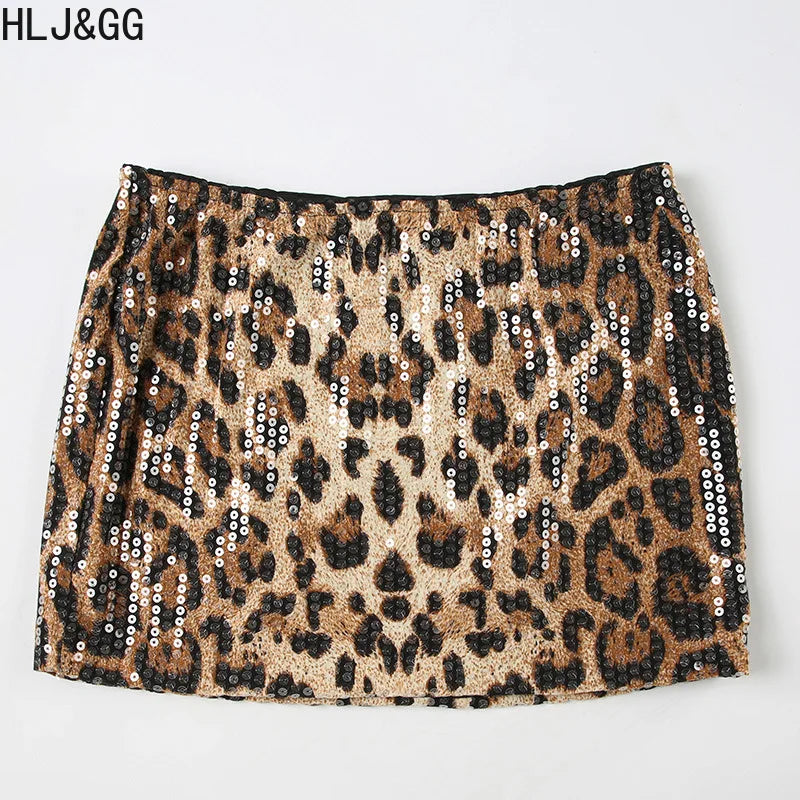 HLJ&GG Fashion Y2K Sequin Leopard Shorts Two Piece Sets Women Round Neck Short Sleeve Slim Crop Top And Shorts Outfit Streetwear