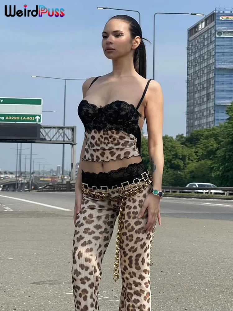 Weird Puss Mesh Patchwork 2 Piece Set Women Sexy Cleavage Sleeveless Crop Tops+Leopard Print Skinny Pants Street Wild Trend Suit