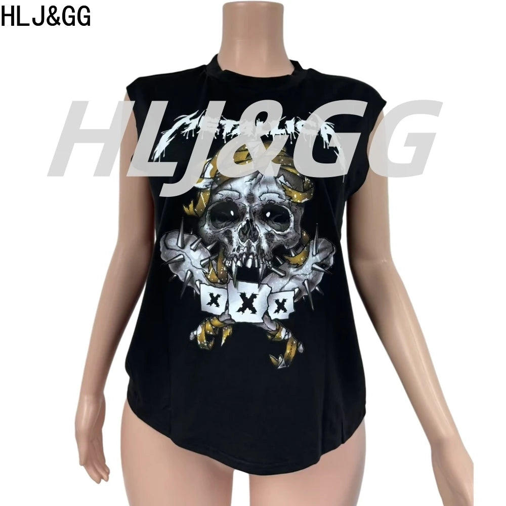 HLJ&GG Fashion Street Letter Print Tshirts Two Piece Sets Women O Neck Sleeveless Top And Shorts Outfits Y2K Female Streetwear