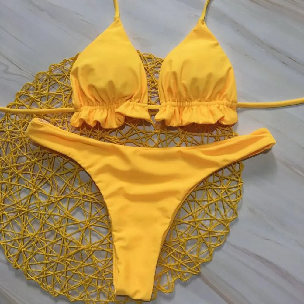 Summer Brazilian Bikini Set Women Sexy Bandage Top Thong Bottom Set Push-up Swimwear Lace Up Swimsuit Beachwear