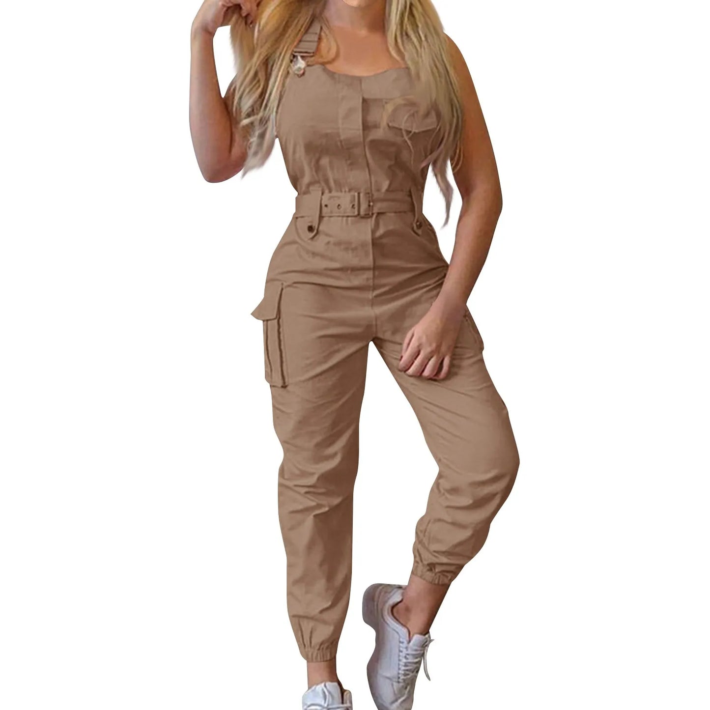 Lady's Fashion Clasp Pocket Cargo Romper Jumpsuits, Casual Jumpsuit Summer