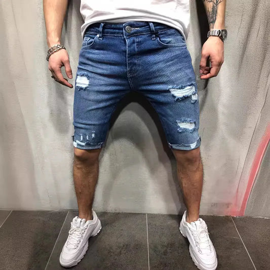 Summer Ripped Skinny Denim Shorts for Men with Distressed Ripped Cat Whiskers Hip Hop Streetwear Short Pants Men's Pants