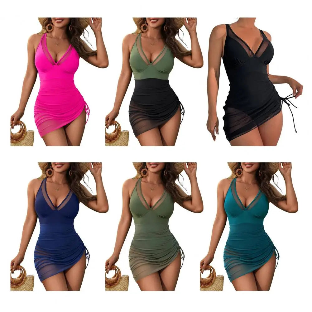 One Piece Women's Swimsuit Solid Color V Neck Tummy Control Swimwear Sexy Mesh Sheer Wrap Bathing Suit For Beach Vacation